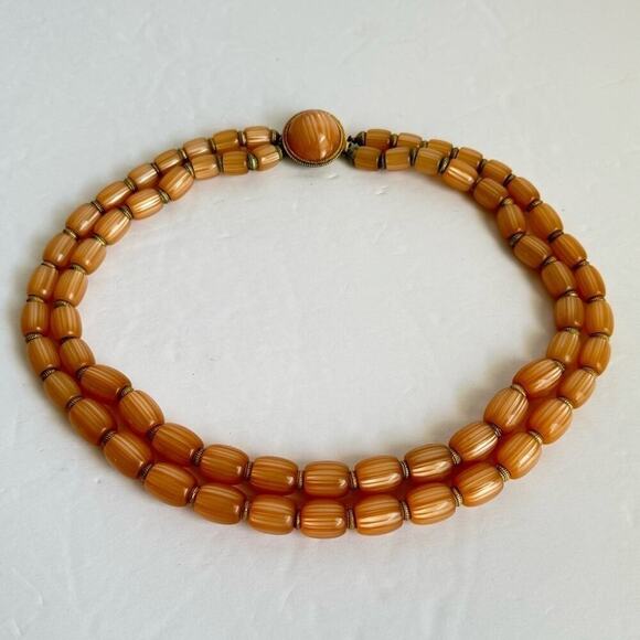 Trifari Moonglow Necklace Multi-Strand Beaded Vintage Crown Peach Orange Lucite - Picture 7 of 10